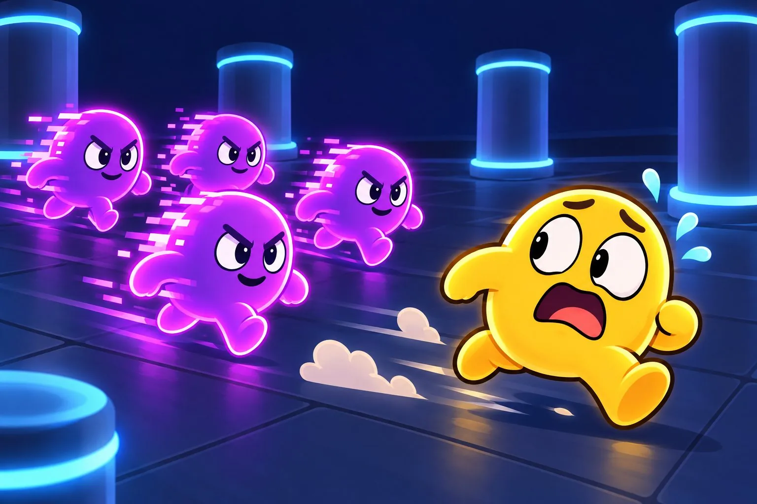 Chased By Me: a yellow blob running from purple clones of itself